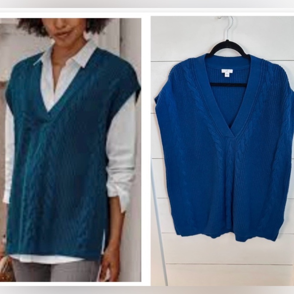 J JILL L Blue cable knit oversized cotton mix sweater vest sophisticated casual
